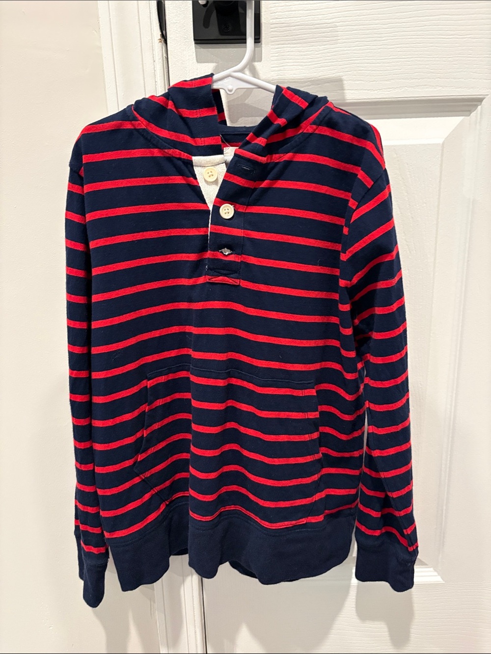 Crewcuts Navy and Red Striped V-Neck Hooded Sweater